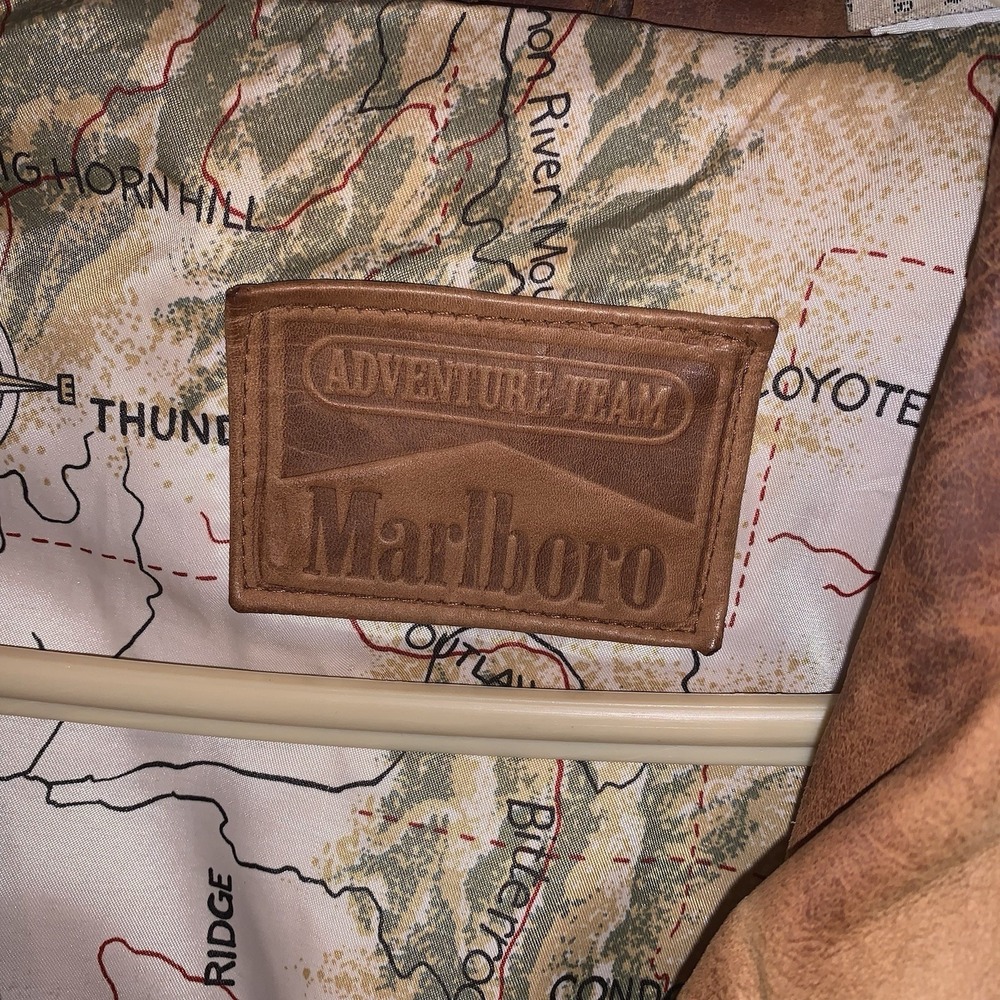 VTG Marlboro Adventure Team Genuine Leather Jacket Mens L Brown Map Lined 1990's - Picture 6 of 8